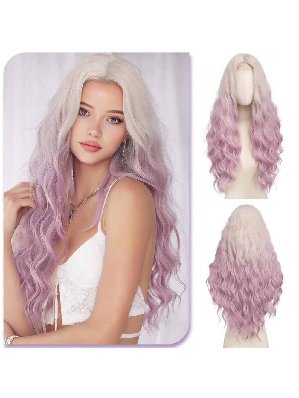Women's Silver Blonde Root 28 Inch Lace Front Soft Synthetic Long Wavy Curly Wig